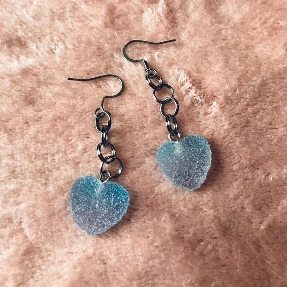 Blue Kawaii Candy Soft Gummy Heart Ombré Handmade Stainless Steel Earrings - Picture 3 of 15